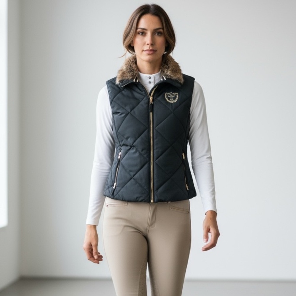 CRESCENDO Equestrian ladies, Hunter Green vest, faux fur gold zip extra large